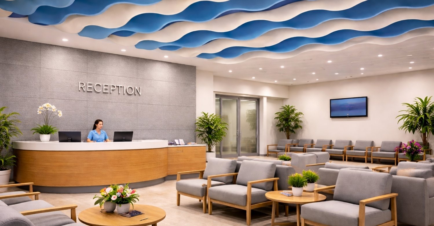 Ceiling baffles and ceiling clouds for hospital corridors and waiting areas
